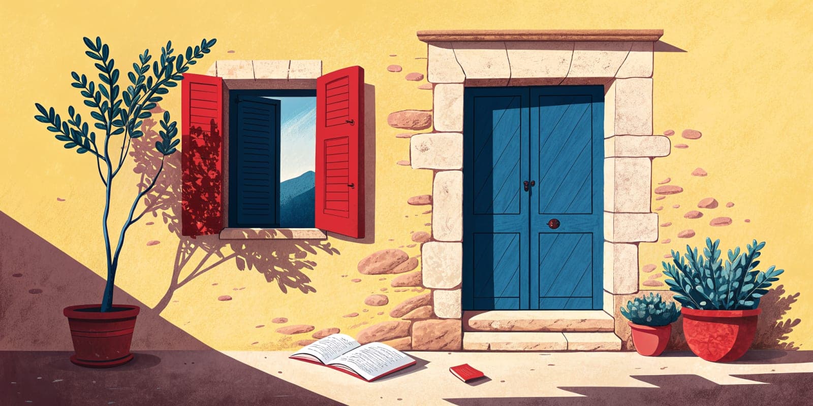A blue double door in a pale stone frame beside an open window with red shutters, an olive tree in a pot, and a notebook open on the step.