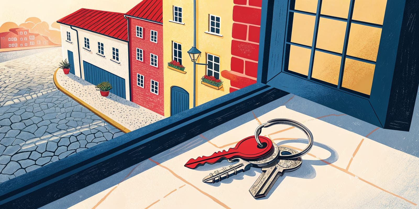 A ring of keys on a tiled windowsill, with colorful houses along a cobbled street beyond the window.